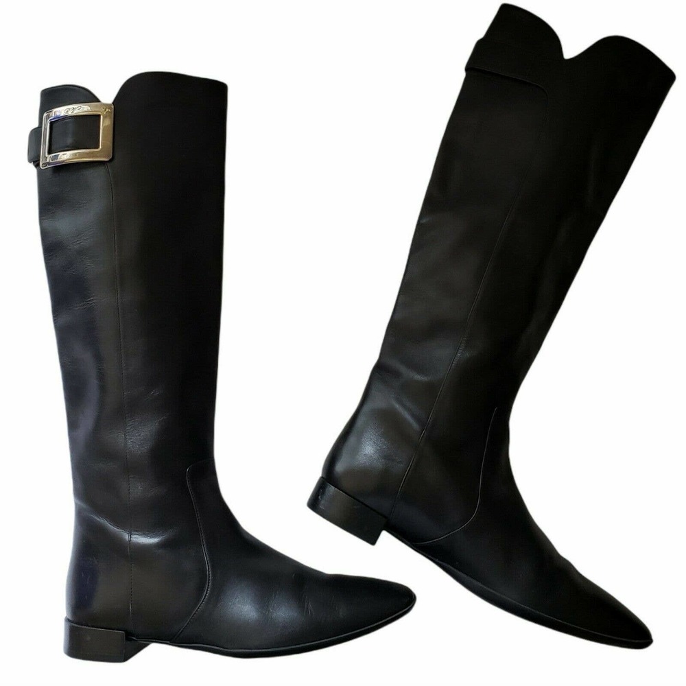 RV Roger Vivier low heel classic black leather buckle riding boot Size 35 5